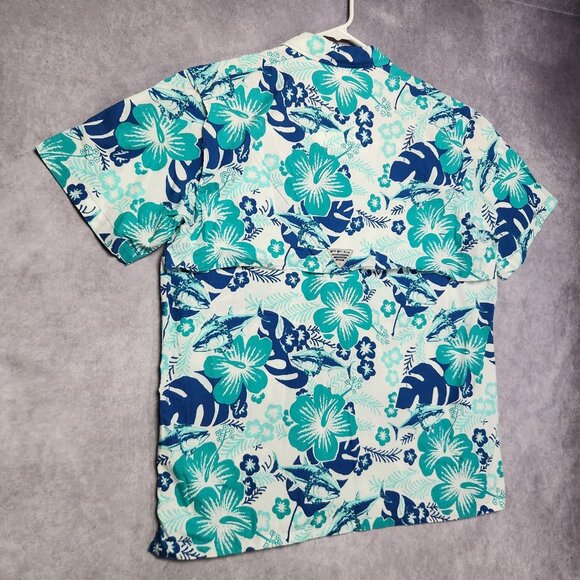 Columbia PFG Shirt Mens Large Floral Hawaiian Fishing Vented Short Sleeve Blue - Picture 12 of 15